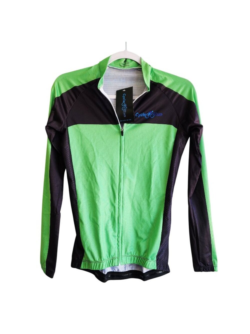 Cycle Run Mens Long Sleeve Jersey Size XS Green Black Breathable Reflective Trim